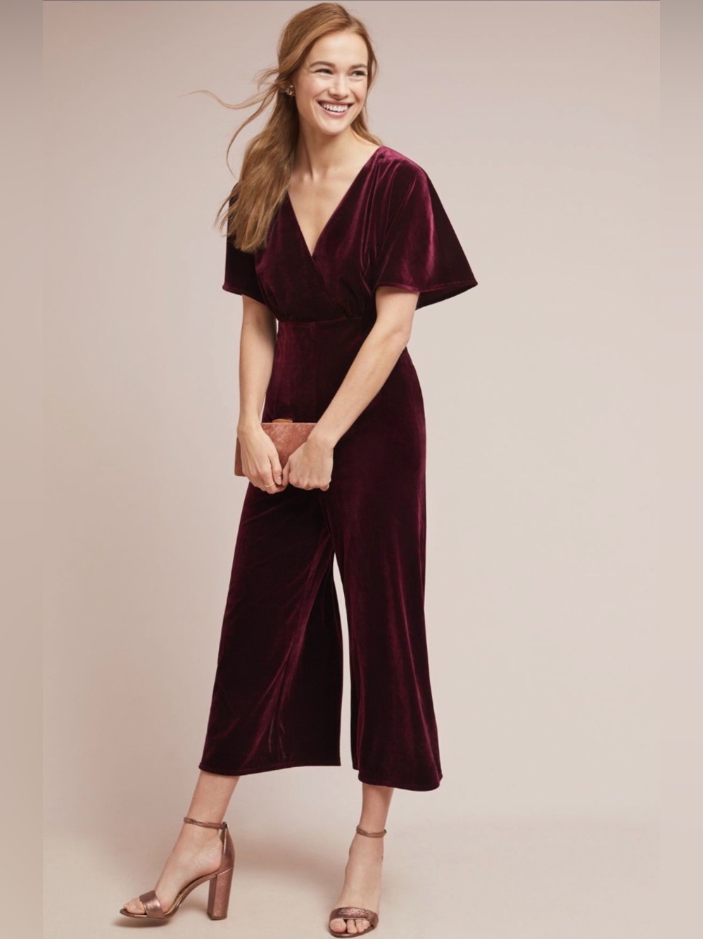 Greylin Luna Velvet Jumpsuit Wine Wide Leg Flutter Sleeve L